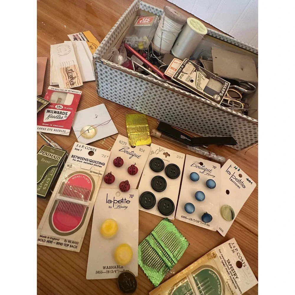 Vintage Sewing Notions Lot Buttons Needles Thimbles Mixed Multi Ornate Crest MCM